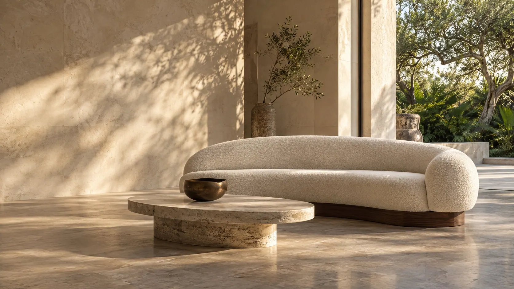 Sculptural ivory seating and travertine in a sunlit architectural room — a VAROM concept interior Sculptural ivory seating and travertine in a sunlit architectural room — a VAROM concept interior